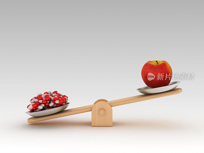 跷跷板规模与苹果和药丸- 3D渲染